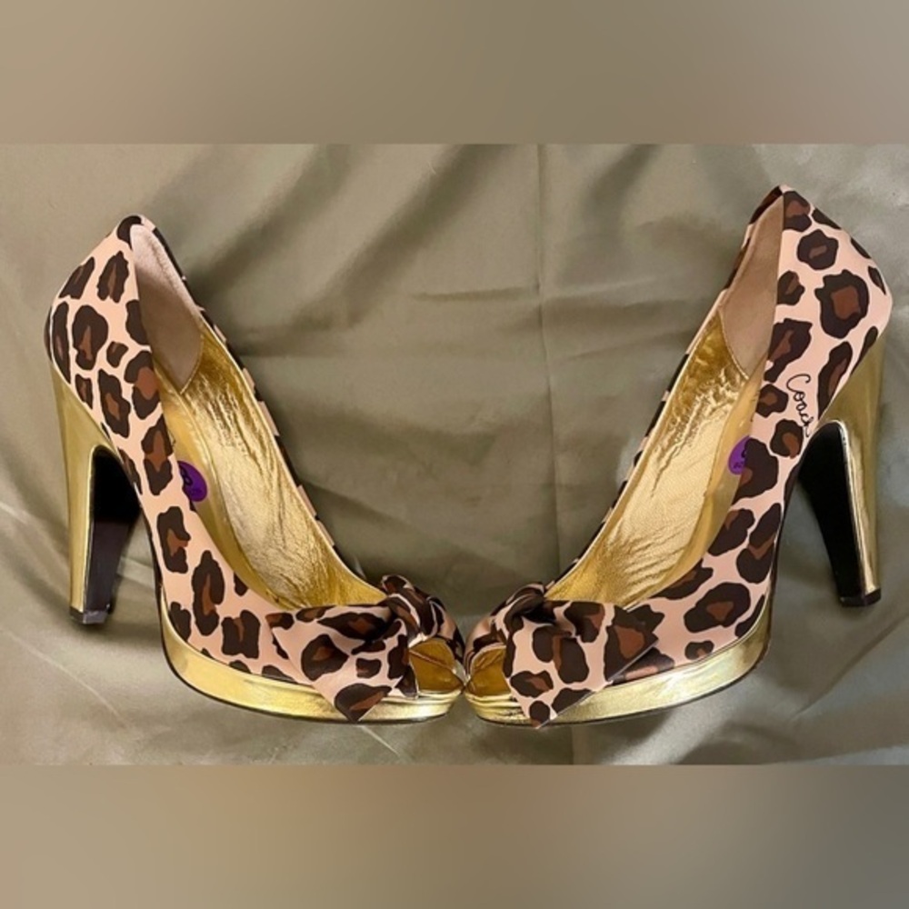 Coach Satin Leopard Print Daisey Open Toe Pumps Gold Heel Bow 8 Made In Italy - Picture 4 of 7